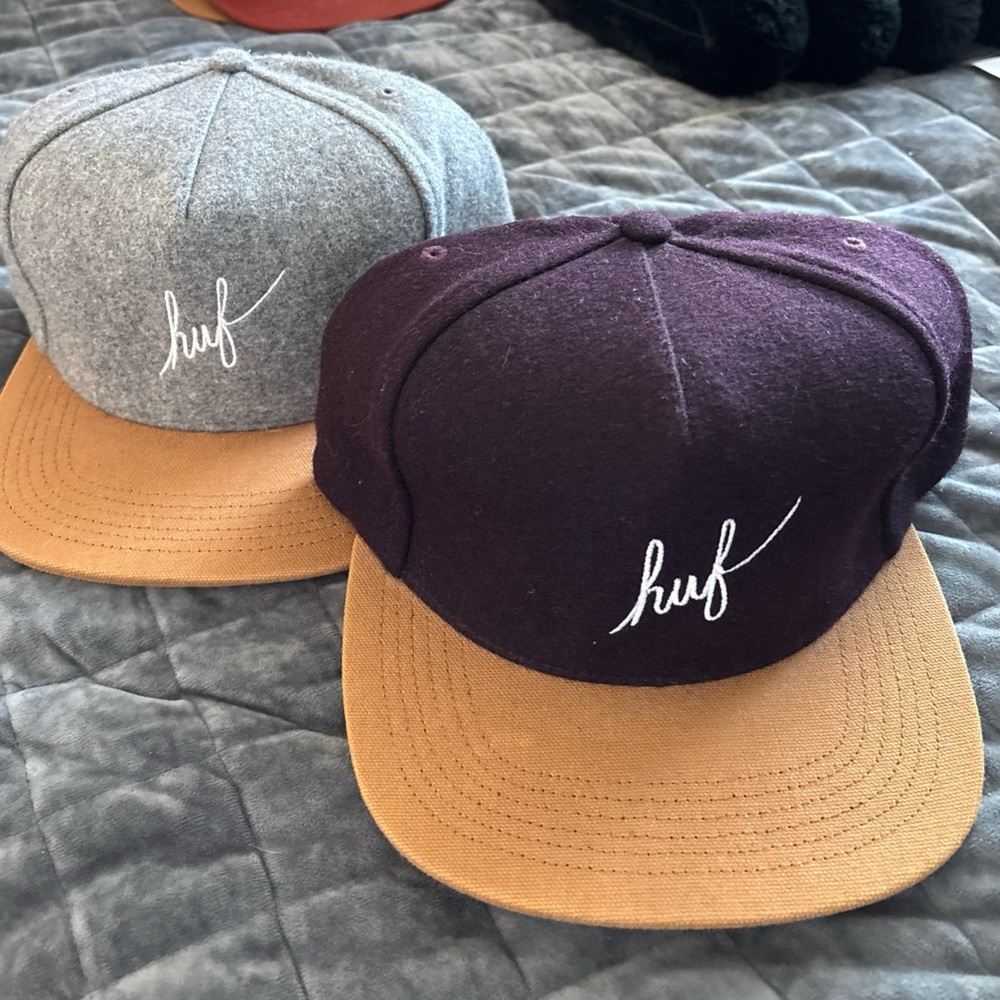 2 HUF Strap Back Wool hat cap gray and burgundy great condition